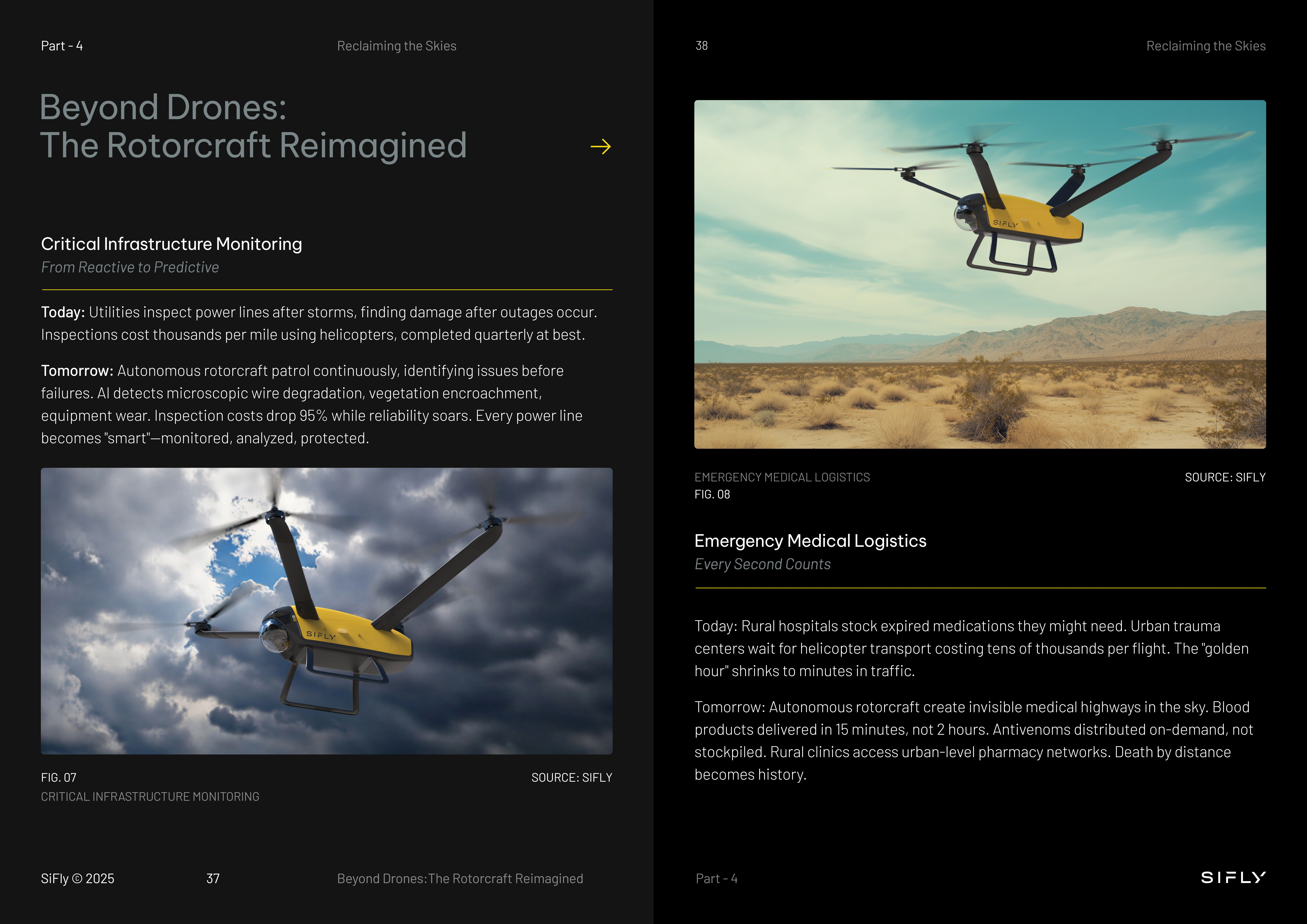 Yellow autonomous rotorcraft drone flying over desert landscape with mountains in the distance, illustrating critical infrastructure monitoring and emergency medical logistics use cases.