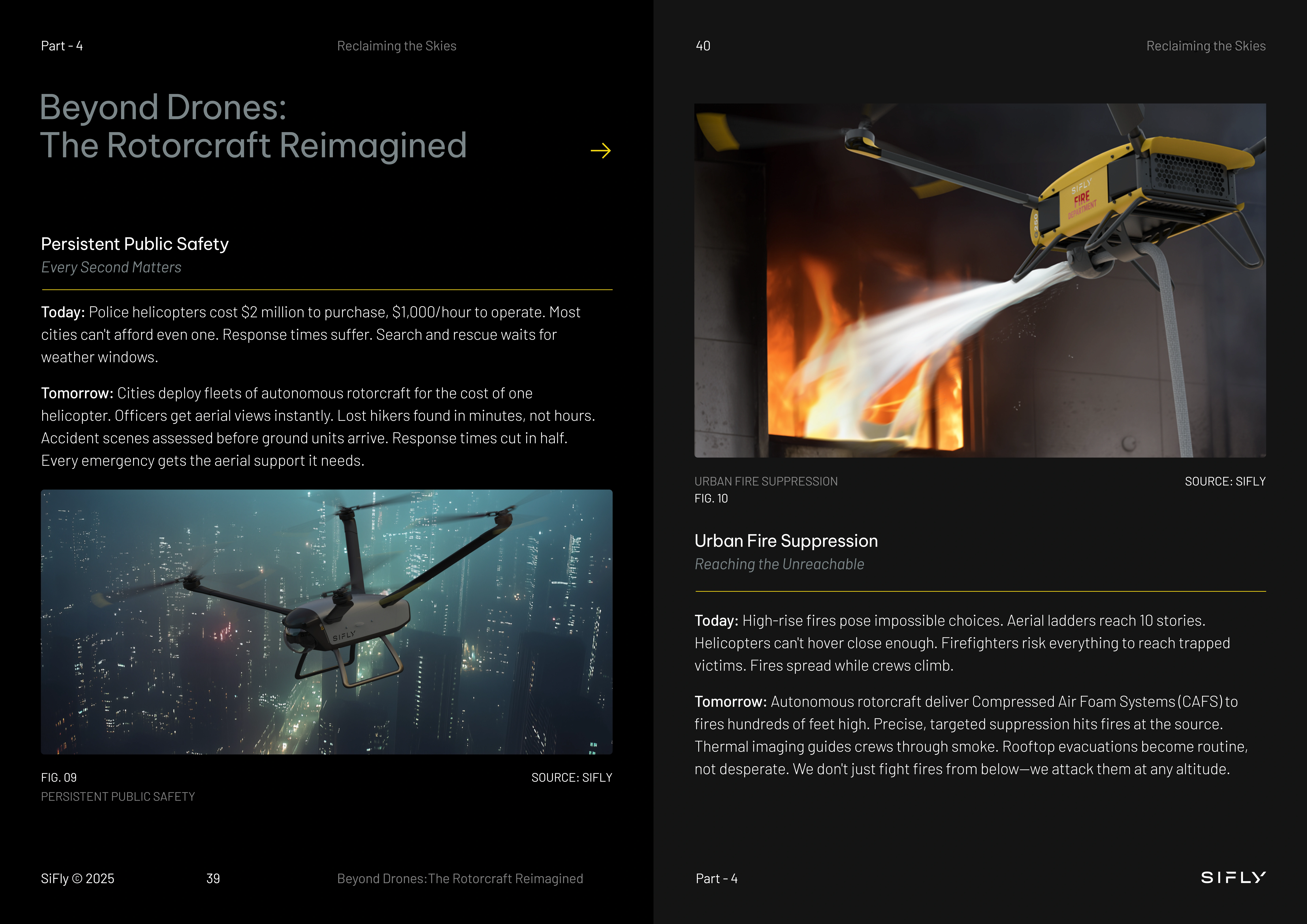 Two-page spread showing urban emergency rotorcraft applications: left page with drone flying over city buildings at night, right page with the same drone spraying foam on a fire inside a building.