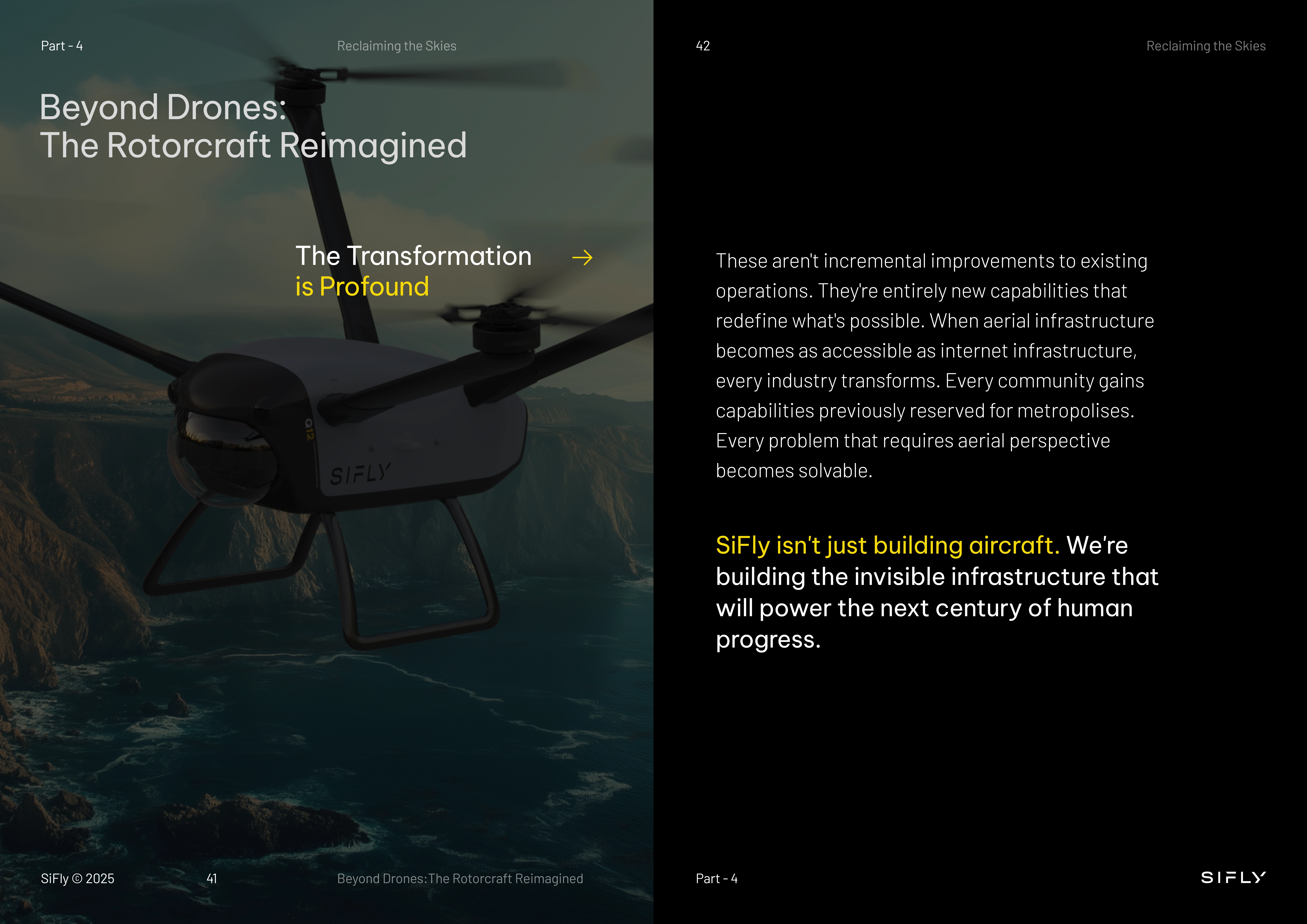 Page spread titled 'Beyond Drones: The Rotorcraft Reimagined' showing a SiFly drone flying over a coastal landscape, with text about SiFly building invisible infrastructure for future human progress.
