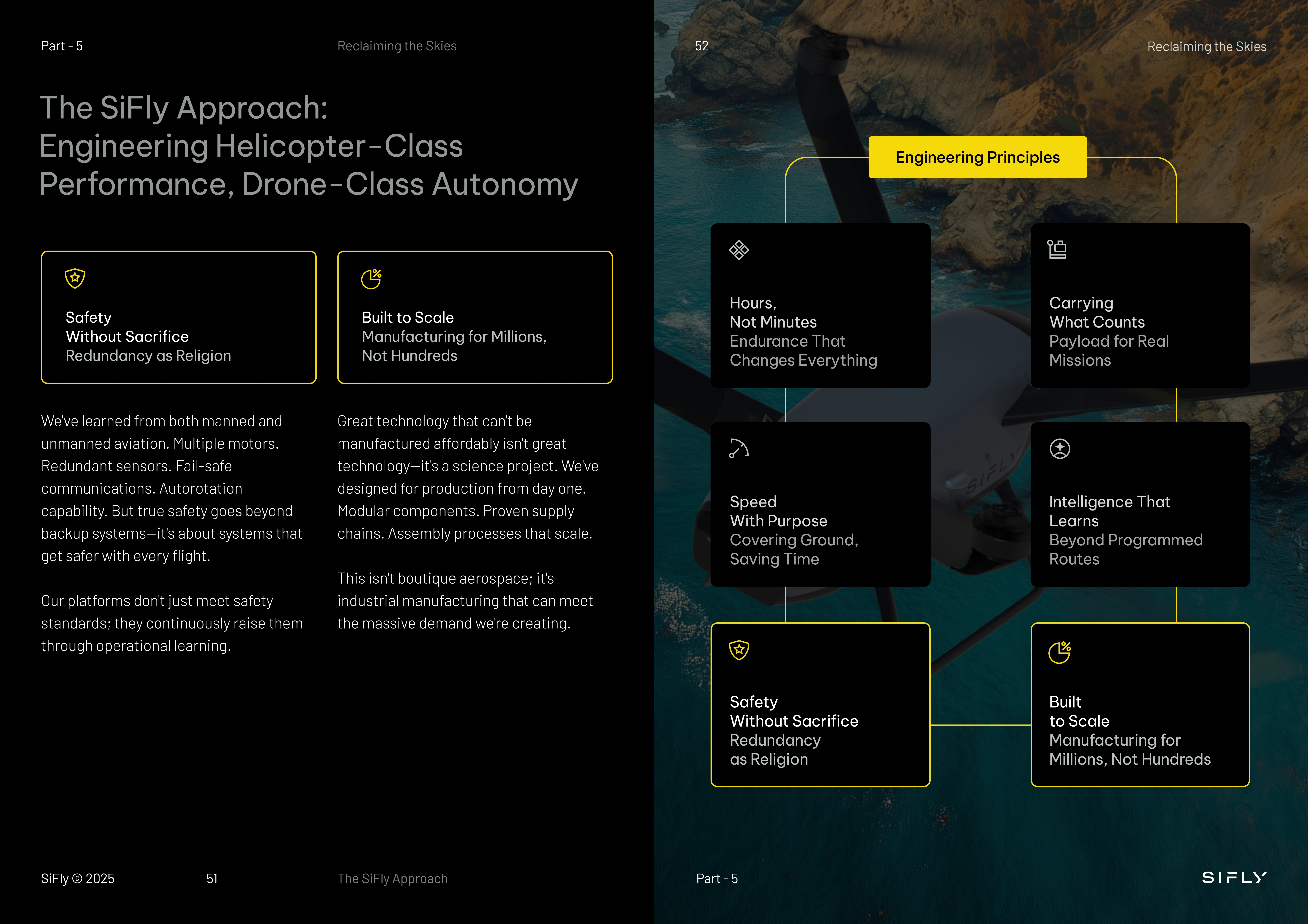 Presentation slide entitled The SiFly Approach: Engineering Helicopter-Class Performance, Drone-Class Autonomy, showing two text boxes highlighting Safety without sacrifice and Built to scale with detailed descriptions, alongside an engineering principles diagram with six key points connected around a drone image, including hours endurance, carrying payload for real missions, speed covering ground, intelligence beyond programmed routes, and the two main principles.
