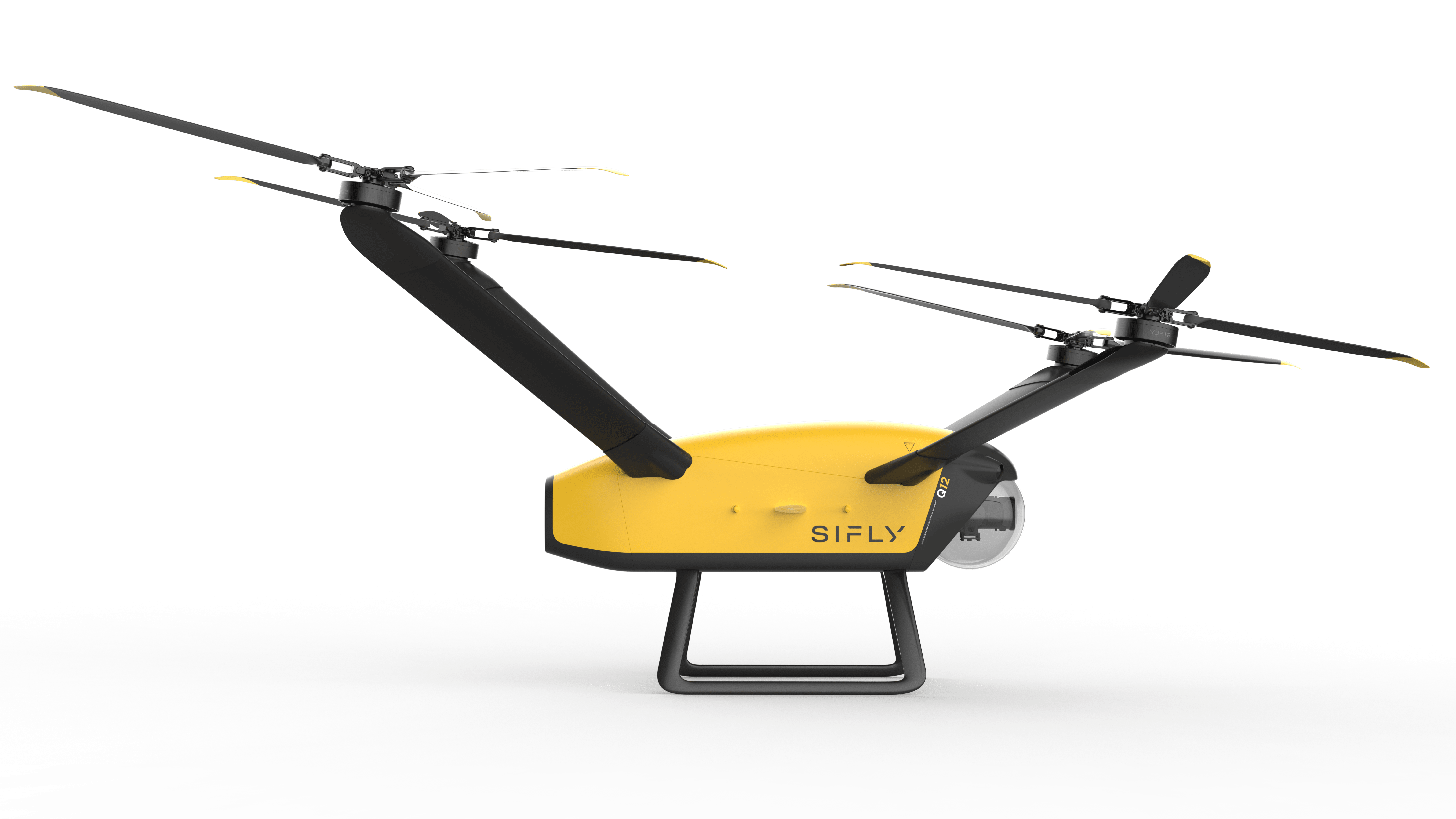 Side view of a yellow and black SIFLY Q12 drone with two sets of dual rotors and a front camera dome.