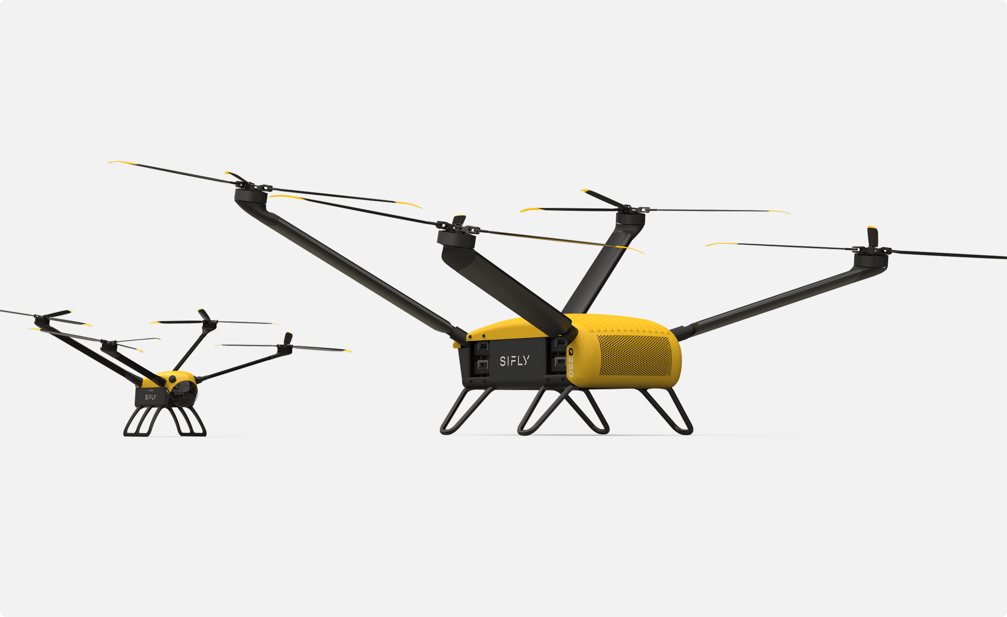 Two black and yellow SIFLY Q250 delivery drones with four propellers each on a black background.