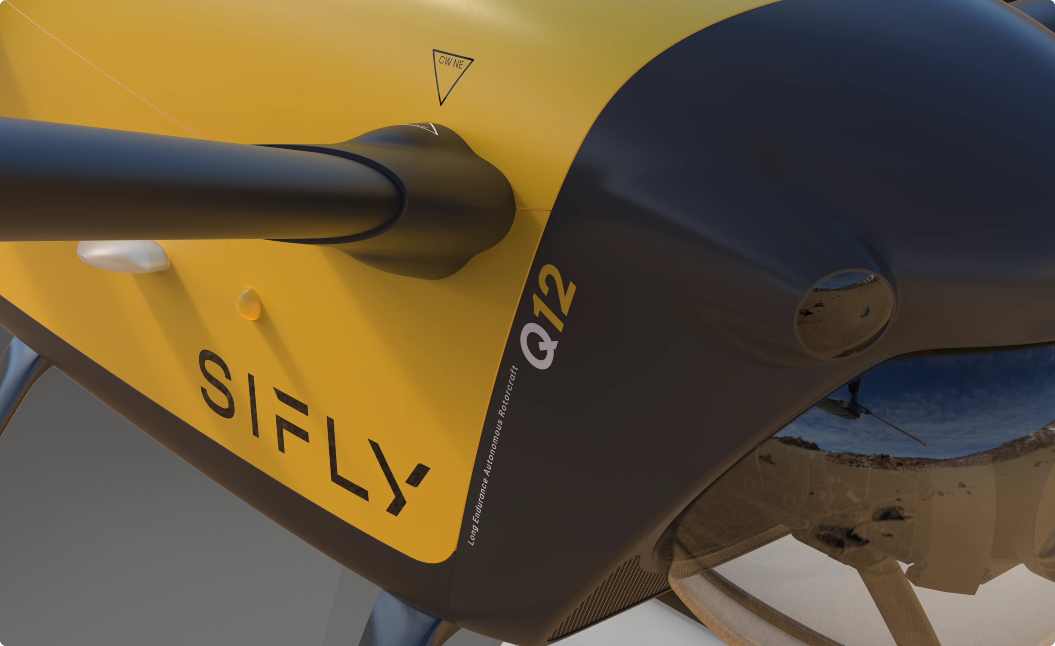 Close-up of a yellow and black drone rotor housing with the text SIFLY and Q12 visible.