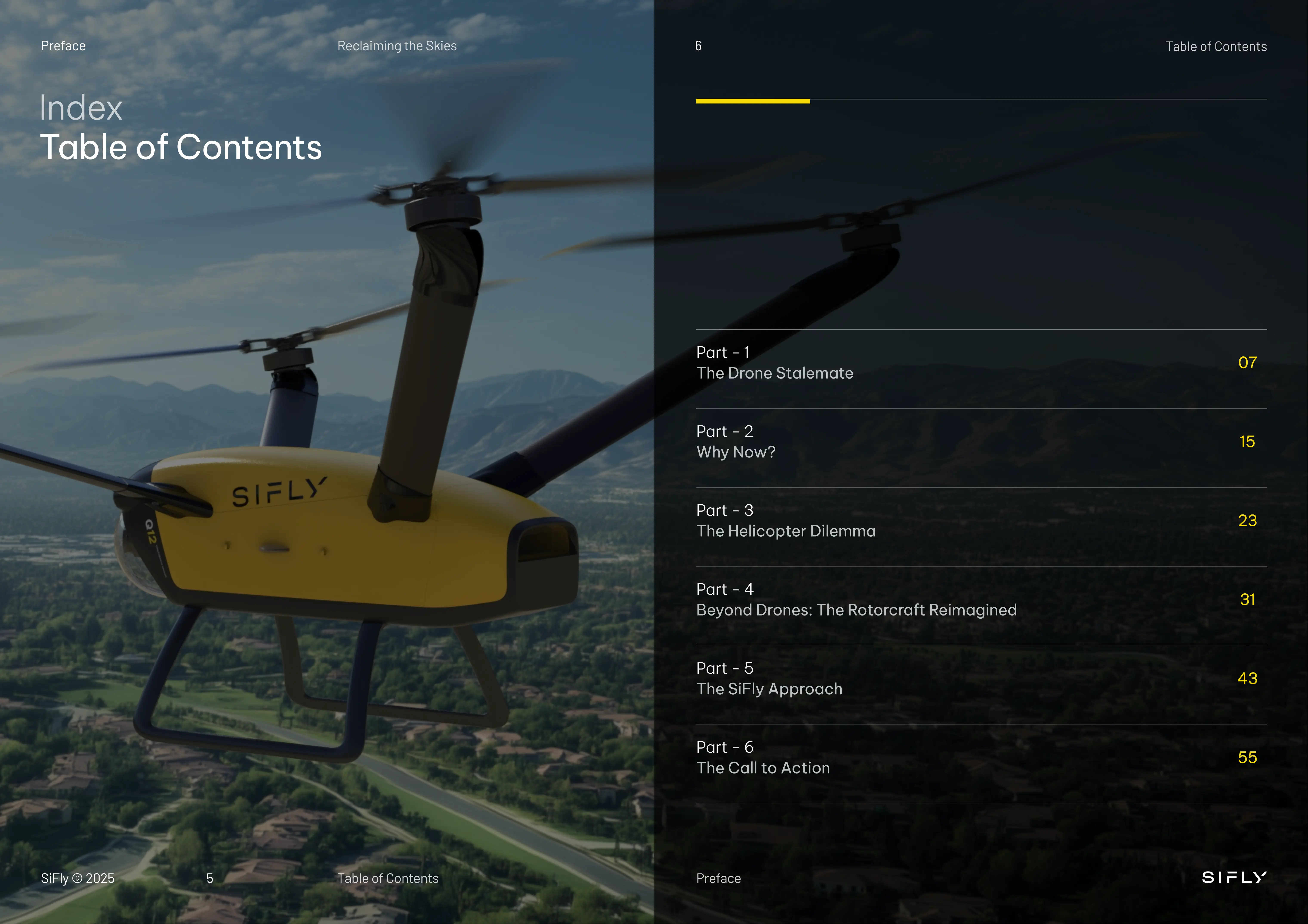 Yellow SiFly drone flying over a suburban area with mountains in the background alongside a table of contents listing six parts about drone topics.
