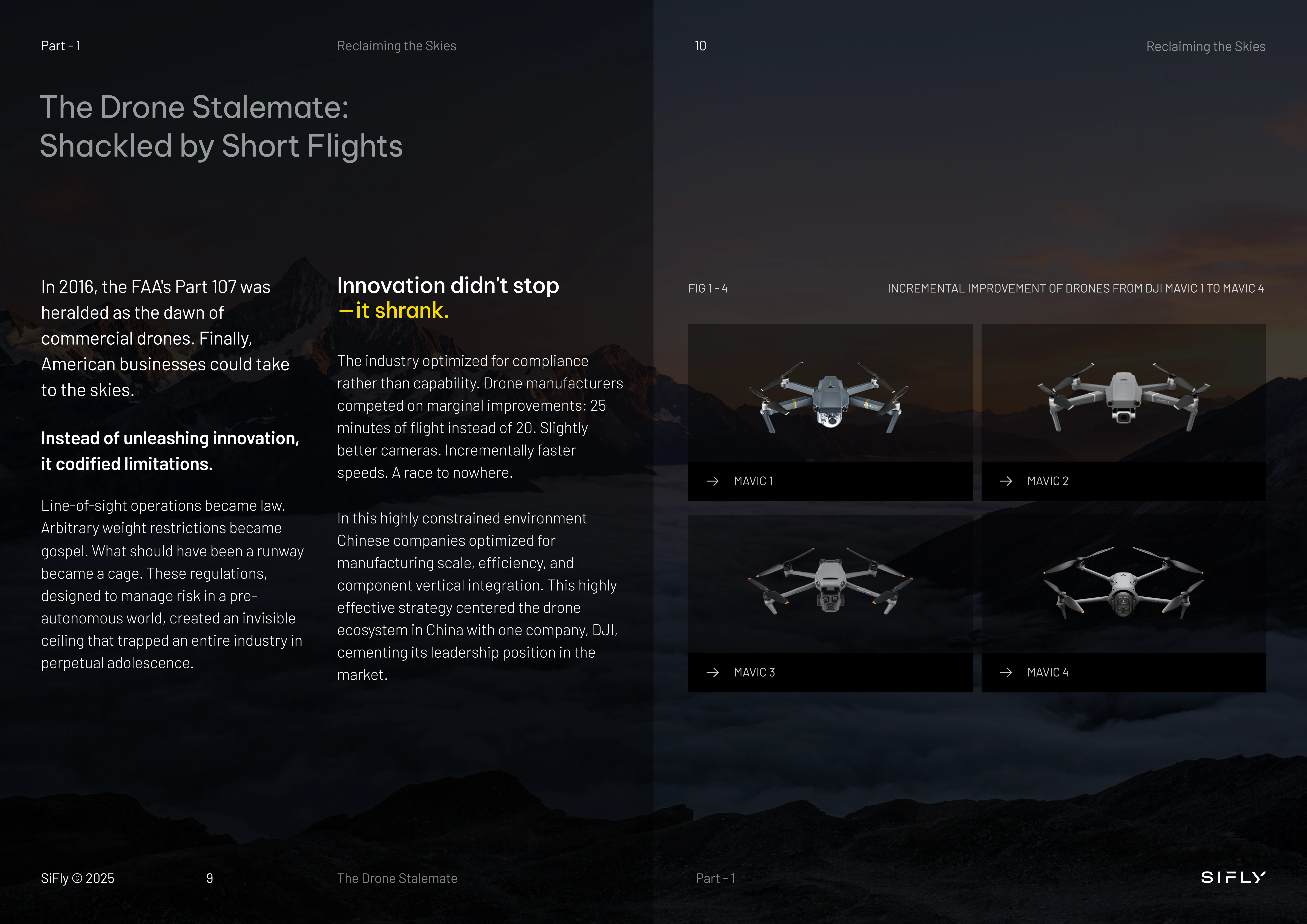Two-page spread titled 'The Drone Stalemate: Shackled by Short Flights' discussing FAA regulations limiting drones and showing incremental improvements of DJI Mavic drones from version 1 to 4.