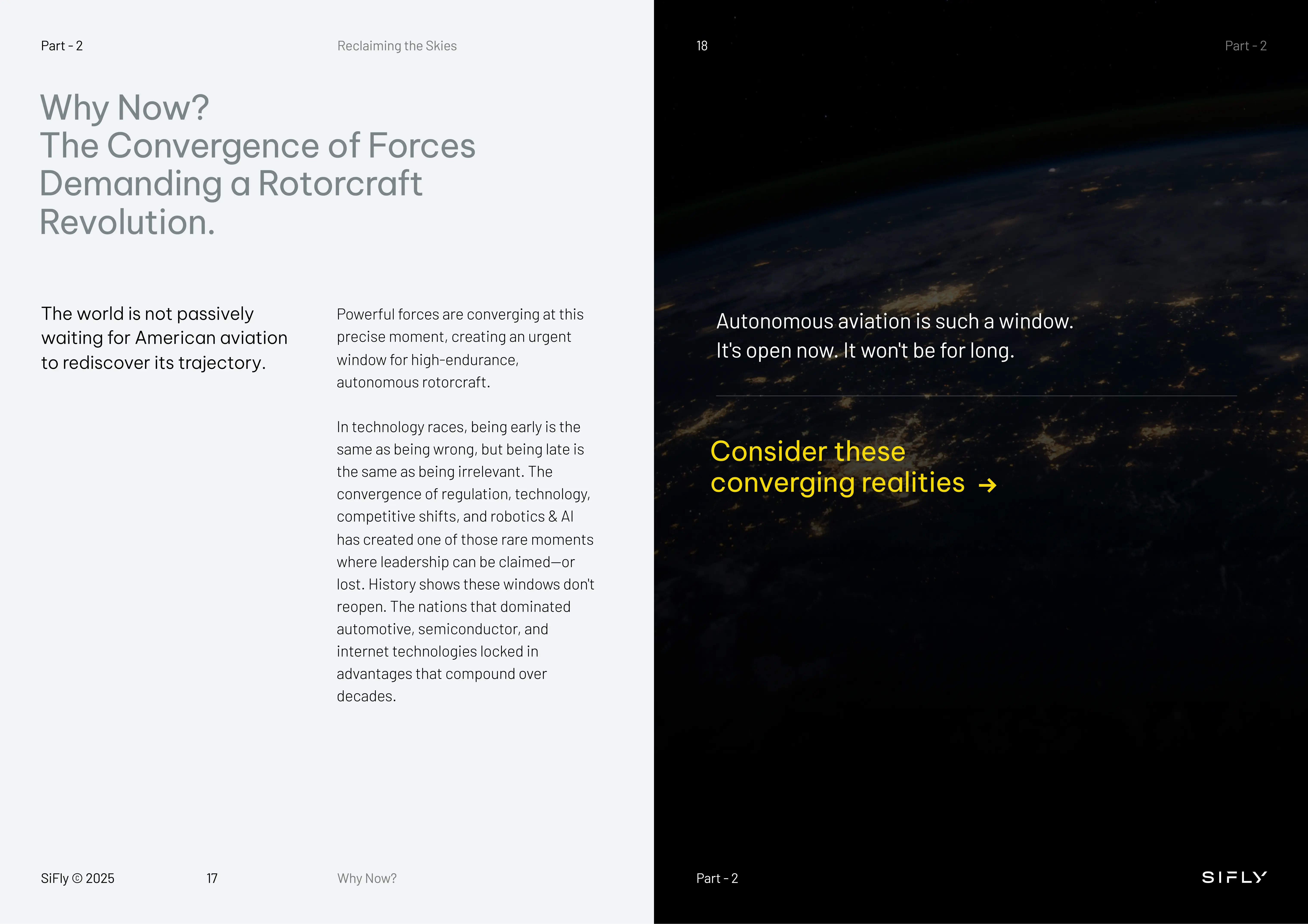 Two-page spread: Left page titled 'Why Now? The Convergence of Forces Demanding a Rotorcraft Revolution' with text about urgent window for autonomous rotorcraft. Right page shows Earth at night from space with text ‘Autonomous aviation is such a window. It’s open now. It won’t be for long.’ and highlighted phrase ‘Consider these converging realities’ in yellow.