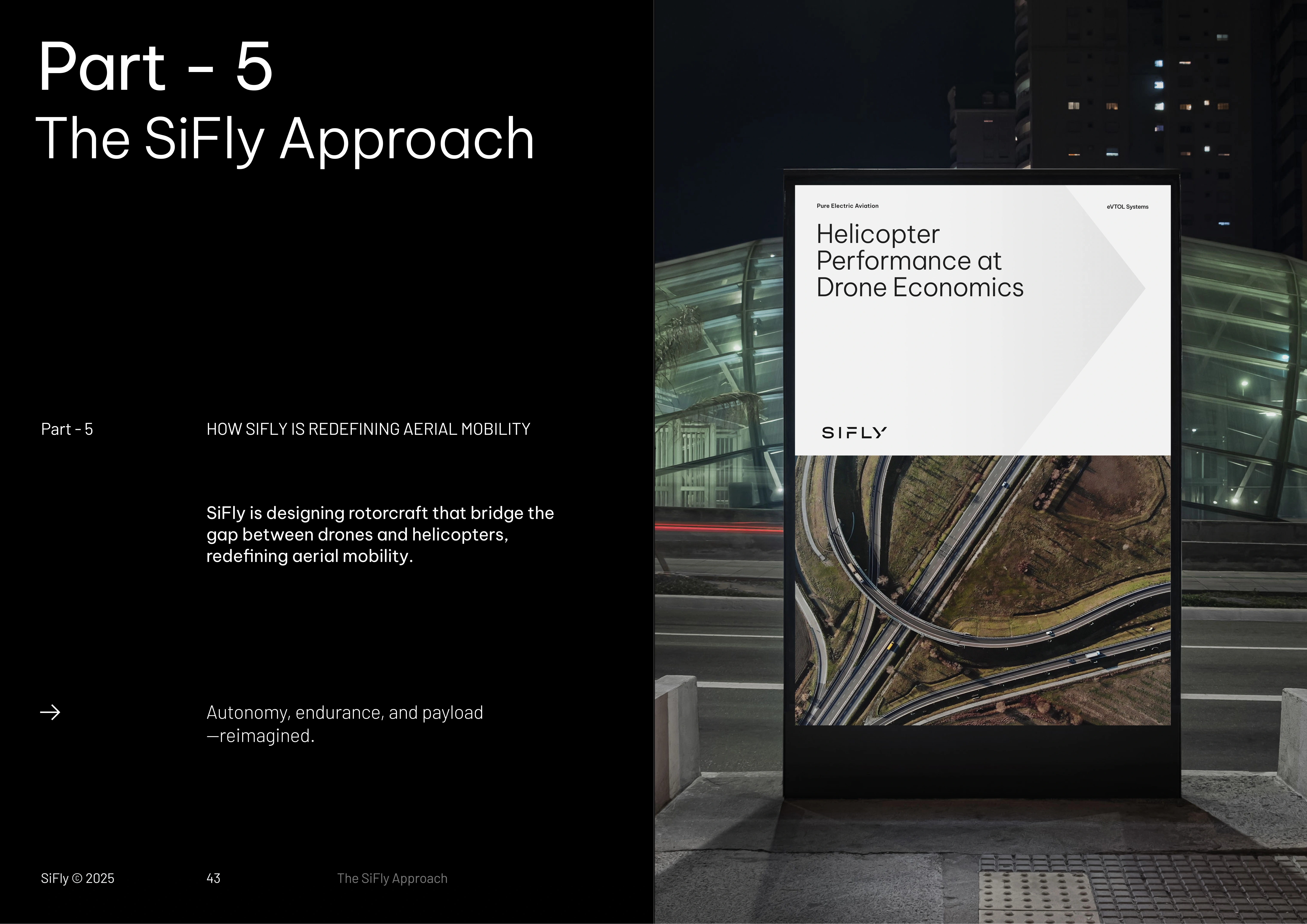 Digital billboard at night displaying SiFly's message on helicopter performance and drone economics over an aerial highway interchange.