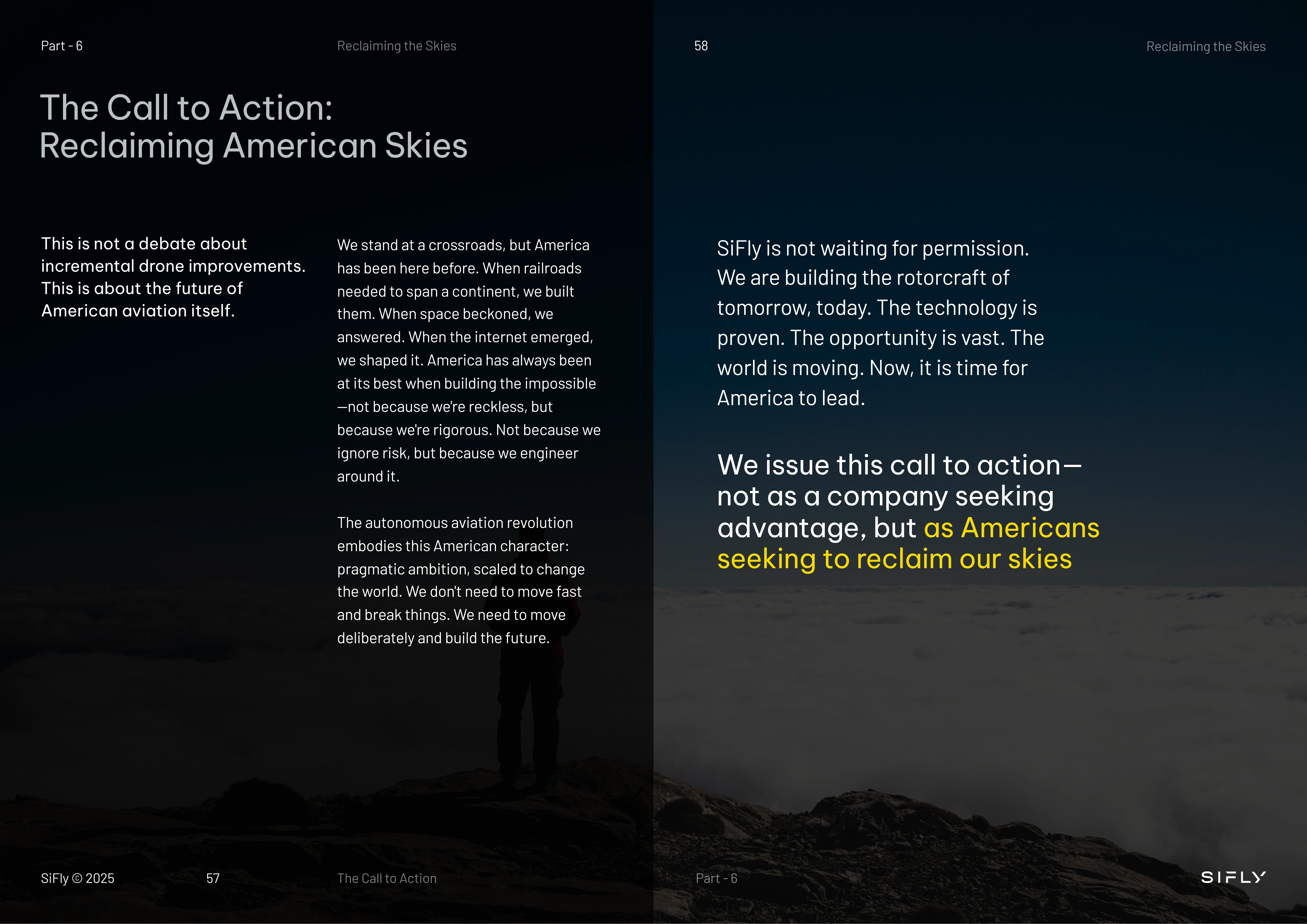 Two-page text spread titled 'The Call to Action: Reclaiming American Skies' with content about America's history of innovation and a call for leadership in autonomous aviation, set against a dark background with a silhouette of a person standing on rocky terrain above the clouds.