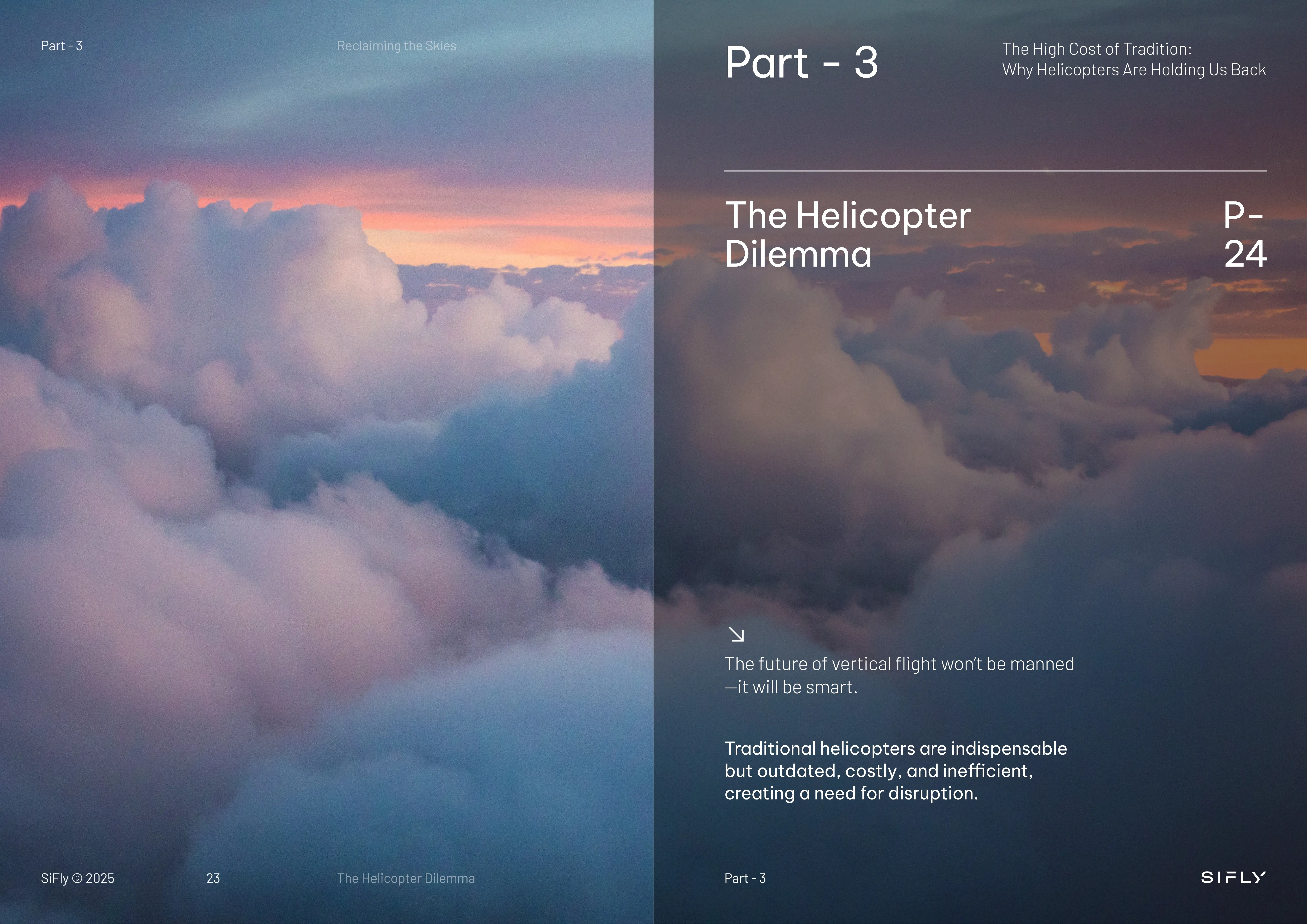 Two-page book spread with a sunset sky filled with clouds; text discusses the future of vertical flight and challenges of traditional helicopters.