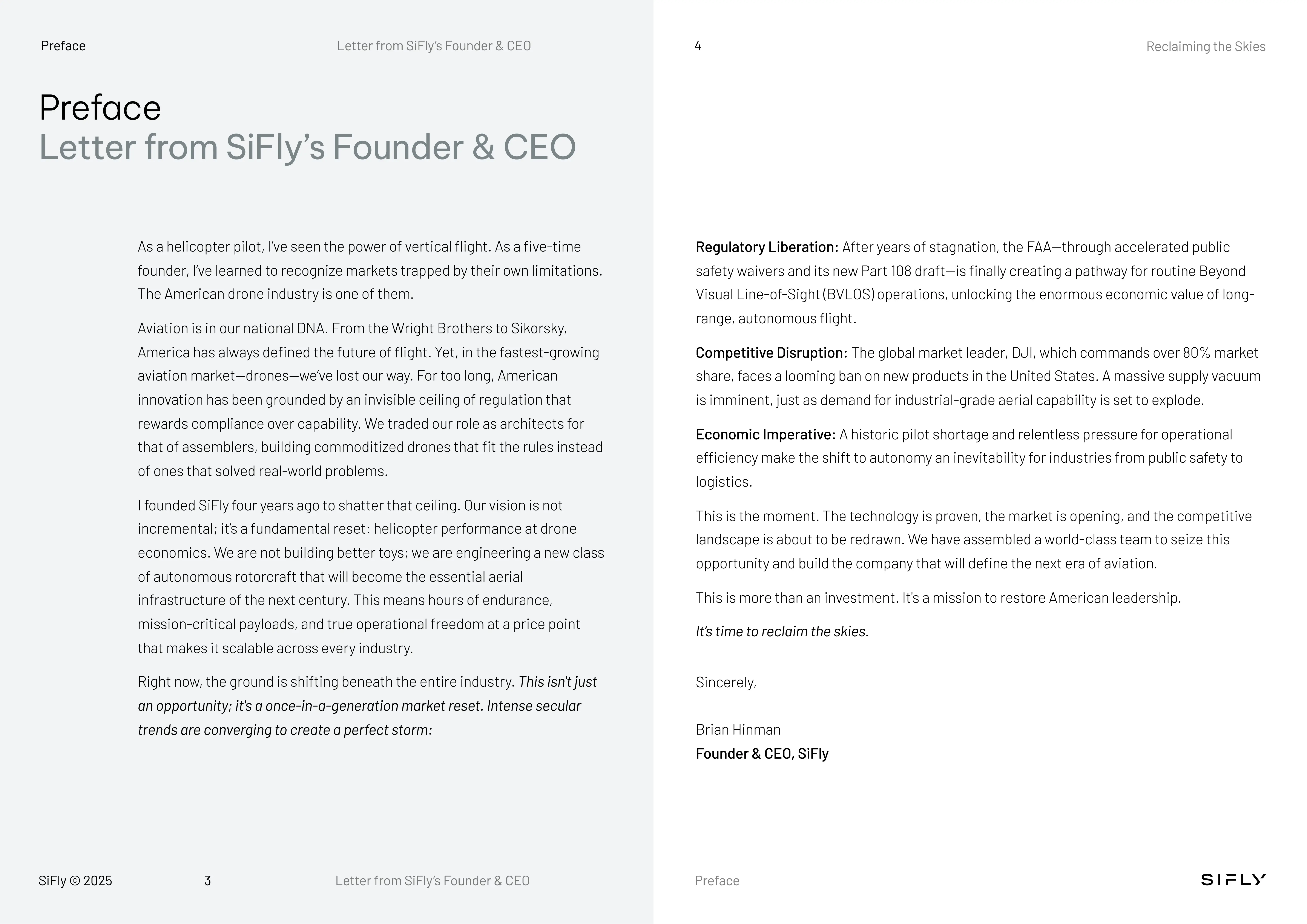Preface titled 'Letter from SiFly’s Founder & CEO' featuring a message from Brian Hinman about the evolution and future of the American drone industry, highlighting regulatory changes, market challenges, and SiFly’s mission to advance autonomous rotorcraft technology.