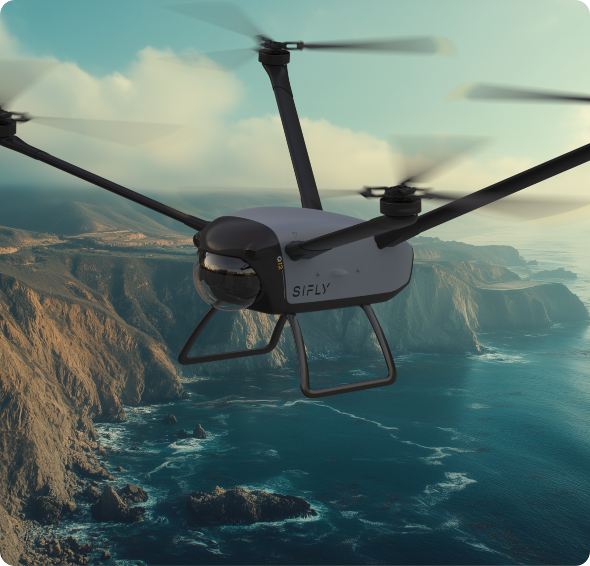 SIFLY Q12 quadcopter drone flying over a rugged coastal cliff with ocean waves below.